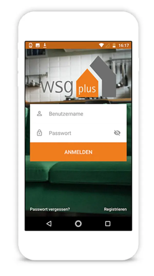 Smartphone mit Startbildschirm der WSG-App