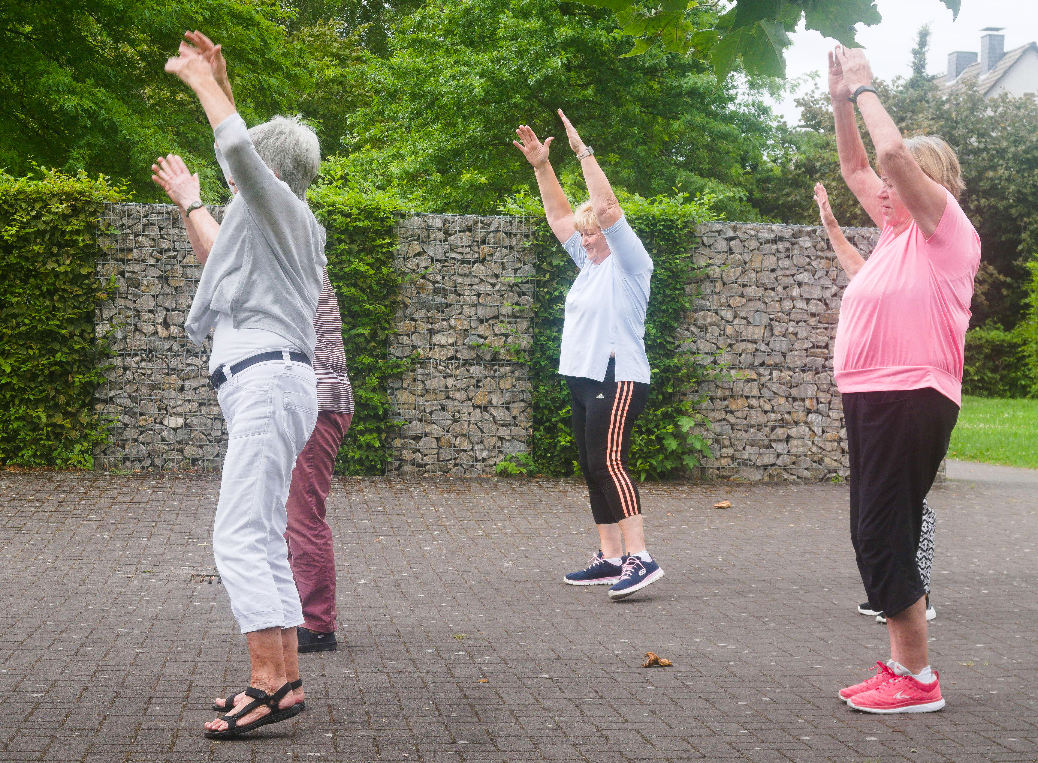 Seniorinnen führen eine Übung aus, Arme in die Höhe gestreckt